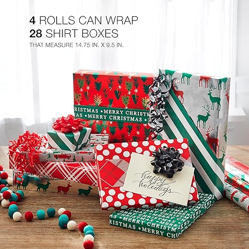 Miniatura 8 de American Greetings Paquete de papel de regalo de Navidad reversible de 120 pies cuadrados, rayas, lunares, cuadros, renos, camiones y árboles (4