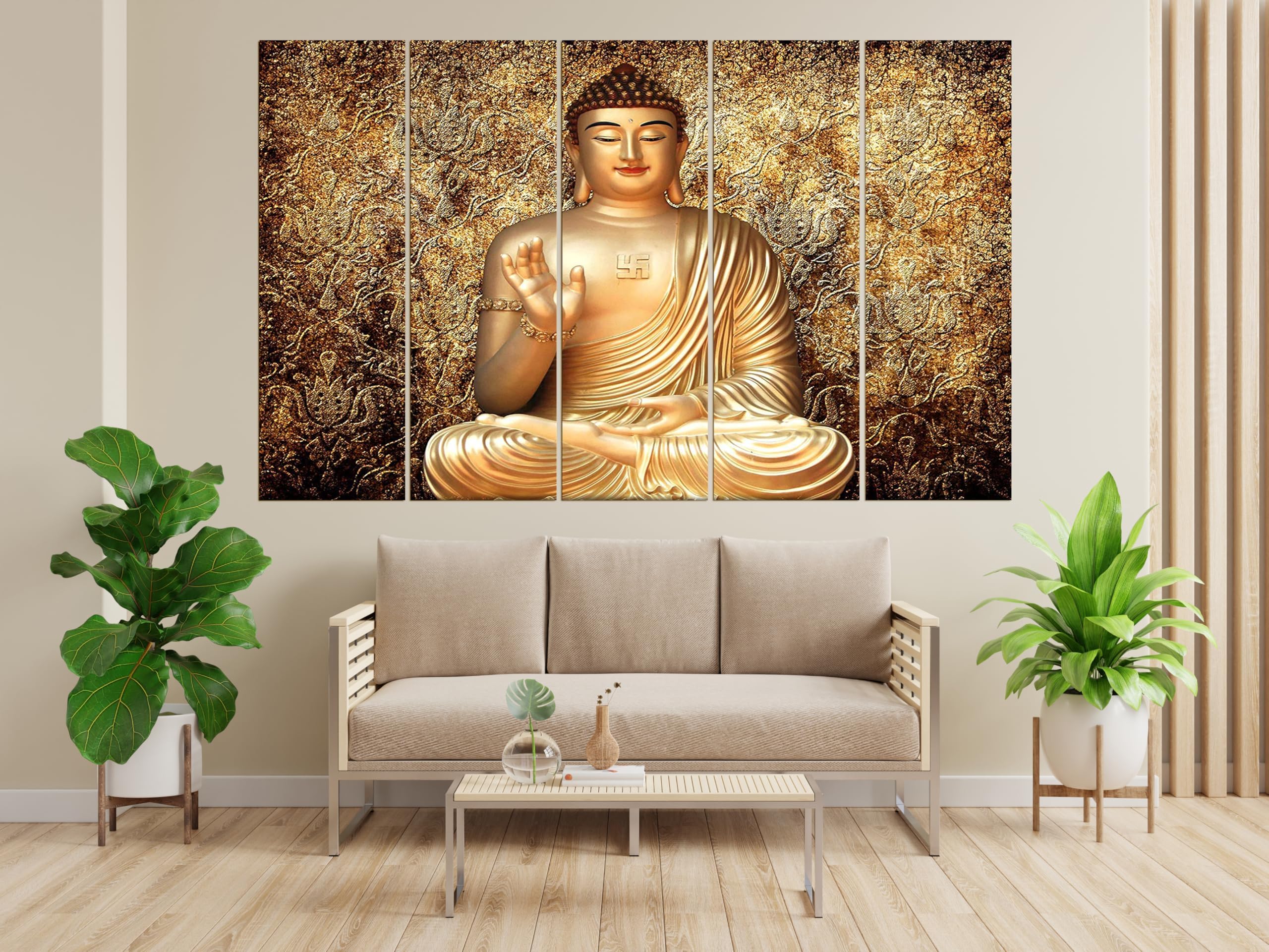 KYARA ARTS wood framed Buddha wall painting with frame multicolour 30inch x 50 inch set of 5 pcs (Design-1)