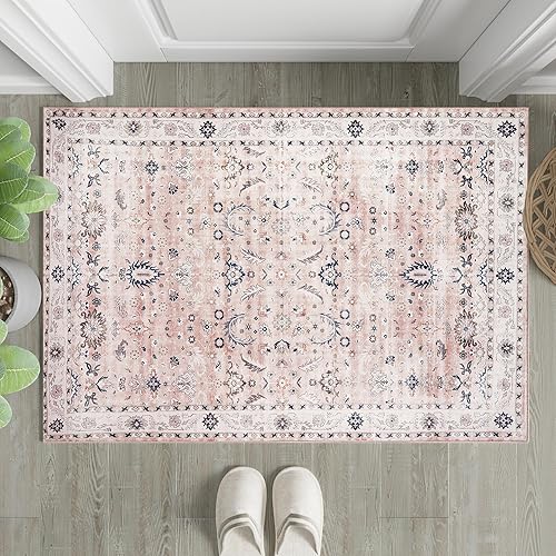 PureCozy Alfombra de área rosa de 2 x 3 pulgadas, lavable para interiores, alfombra de pelo bajo, alfombra floral de granja, alfombra bohemia