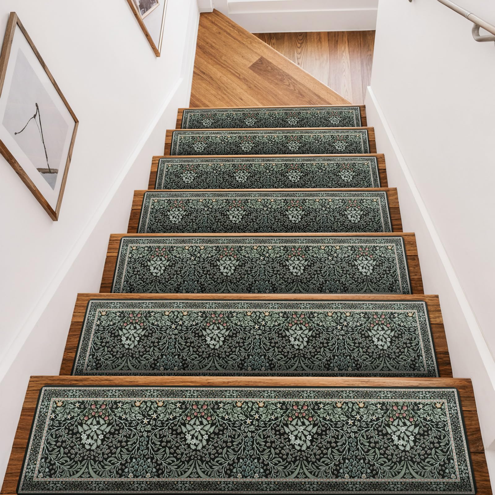 OJIA Floral Stair Treads Non-Slip Stair Runner for Wooden Steps Indoor 15PCS 30"x8" Carpet Stair Treads Stair Mats Staircase Step Treads for Kids, Elders and Dogs, Stair Covers, Black