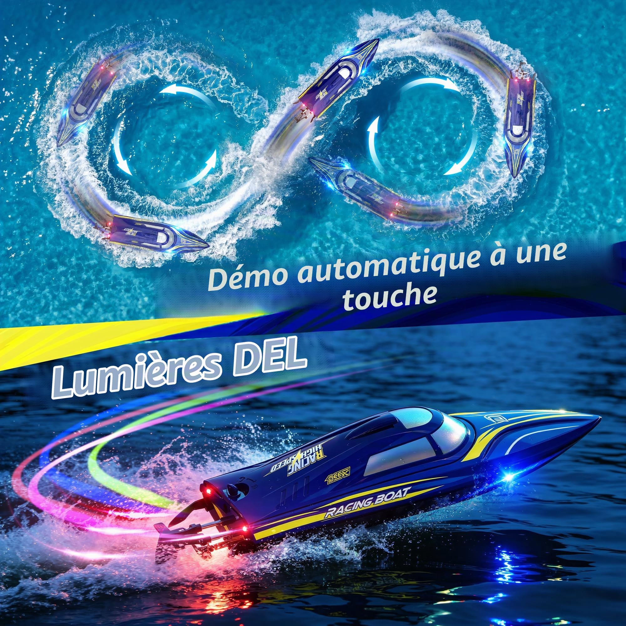 DEERC Bateau Télécommandé Rapide pour Enfants et Adultes, Vitesse supérieure à 20+ mph, avec 2 Batteries de 1200 mAh, Bateau étanche Auto-redressable pour Lacs et piscines.