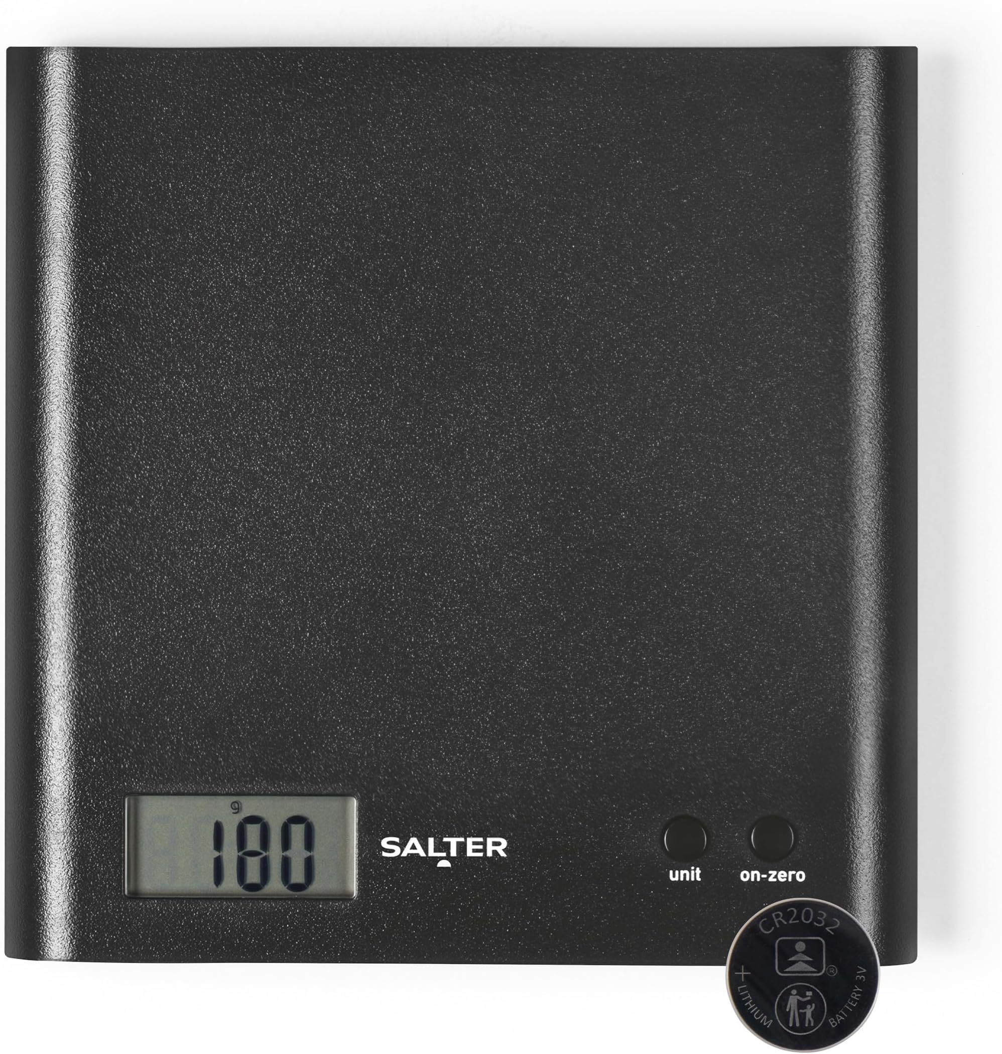 Salter Arc Kitchen Scale – Digital Food Weighing Scales For Precise Cooking/Baking, Slim Platform for Compact Storage, Add & Weigh/Tare Function, 3kg Capacity, Battery Included, Black
