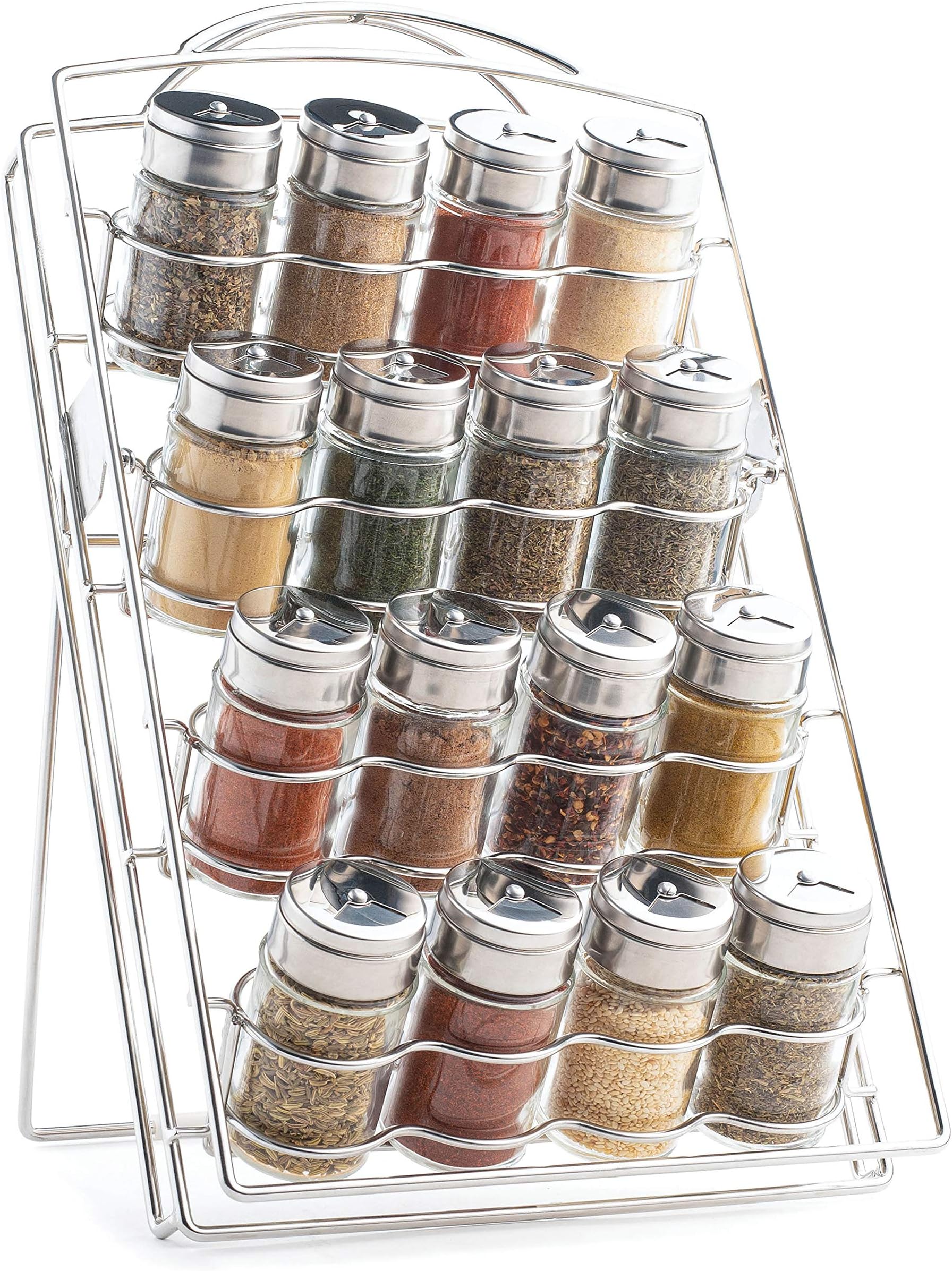 Mindspace Spice Rack Kitchen Counter Organizer for Countertop or Cabinet Pantry, kitchen organization - 16 Round 2.5oz Glass Spice Jars included | The Wire Collection, Chrome (Spices NOT Included)