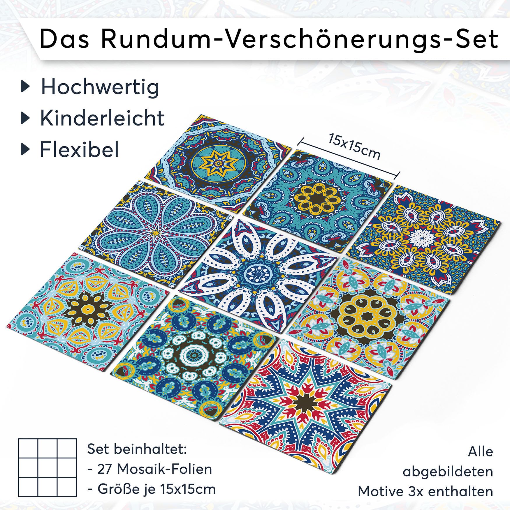 CREATISTO Fliesenaufkleber Fliesenfolie Mosaikfliesen - Hochwertige Aufkleber Sticker für Fliesen I Stickerfliesen - Mosaikfliesen für Küche, Bad, WC Bordüre (15x15 cm I 27 -Teilig)