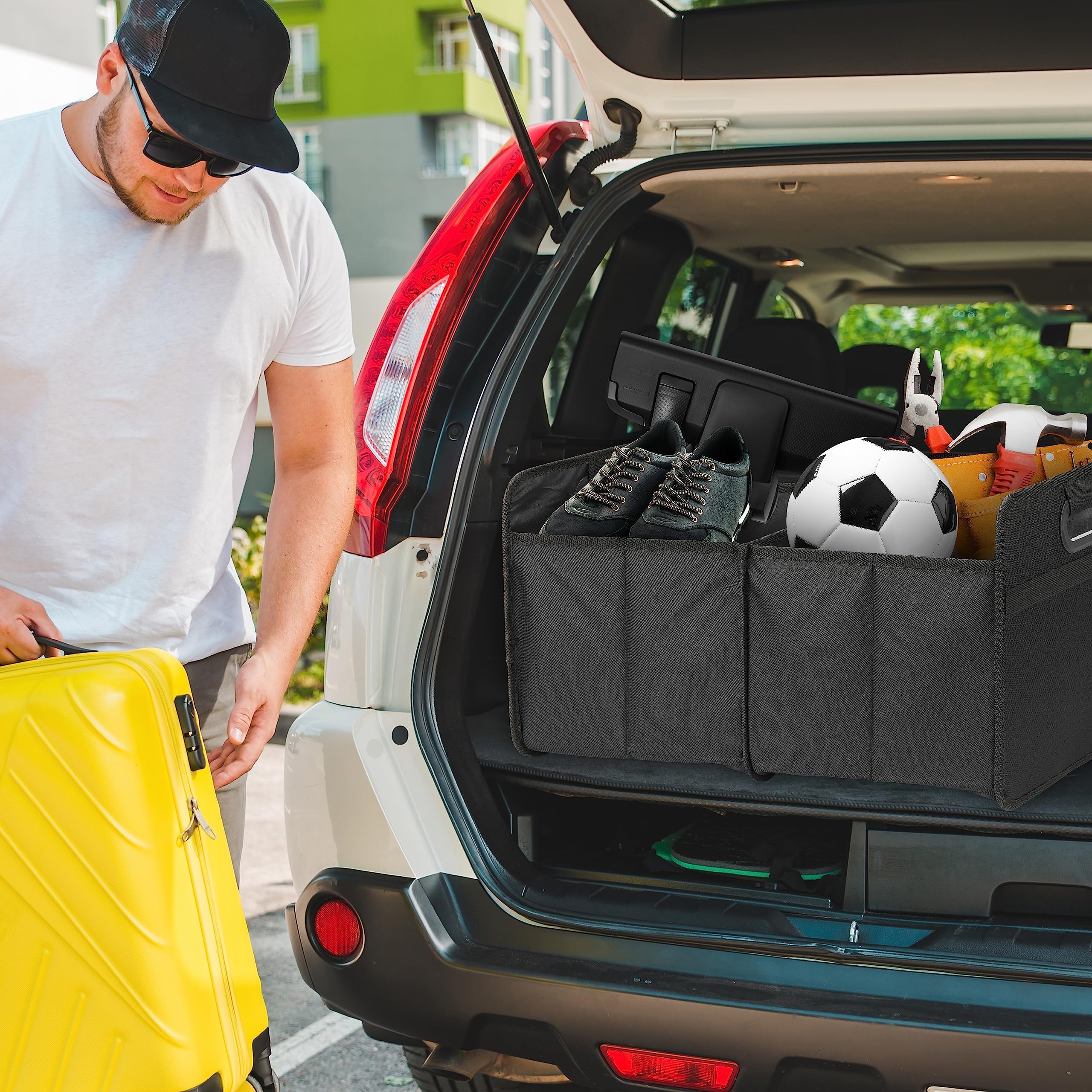 Simple Deluxe 2 Compartments Trunk Organizer for Car/SUV, Collapsible 600D Waterproof Oxford Polyester 50L Storage Box, Anti-slip & Leak-proof, Multipurpose Travel Accessories, Black