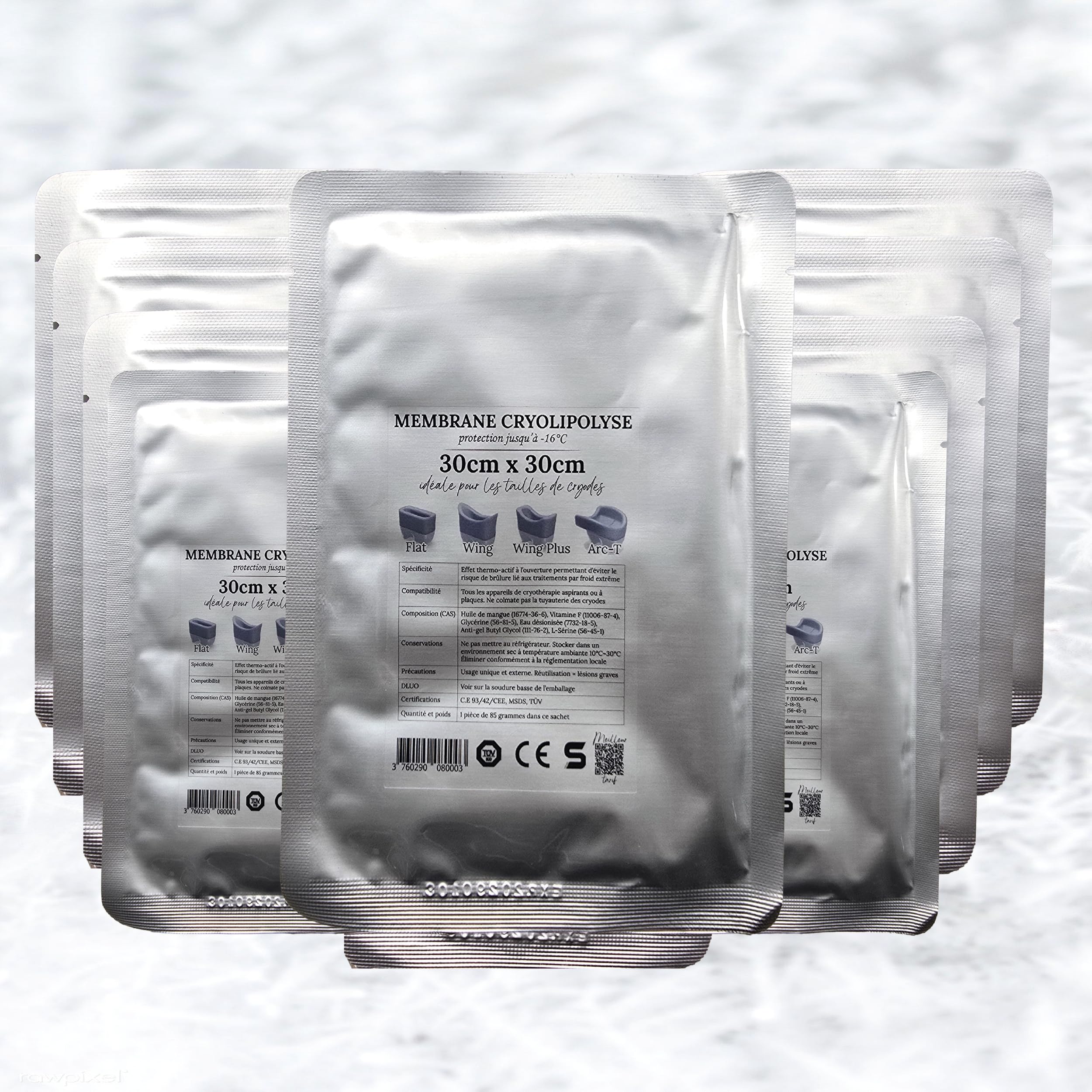 10 Membranes Cryolipolyse 30cm x 30cm - Certification 93/42/CEE jusqu'à-15°C - Effet Thermo-Actif - Pré-imbibées (85g) - Compatibles toutes marques - Etiquetage en français