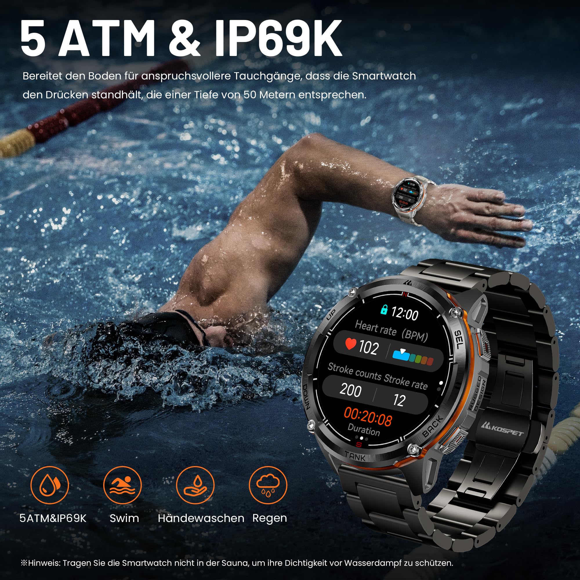 KOSPET TANK T3 ULTRA 2 Smartwatch Uomo Rugged Con GPS, Schermo AMOLED 1,43" | Autonomia 15 Giorni, Impermeabile 5ATM e IP69K, 170+ Modalità Sportive, Compatibile Android & iPhone Doppie cinghie