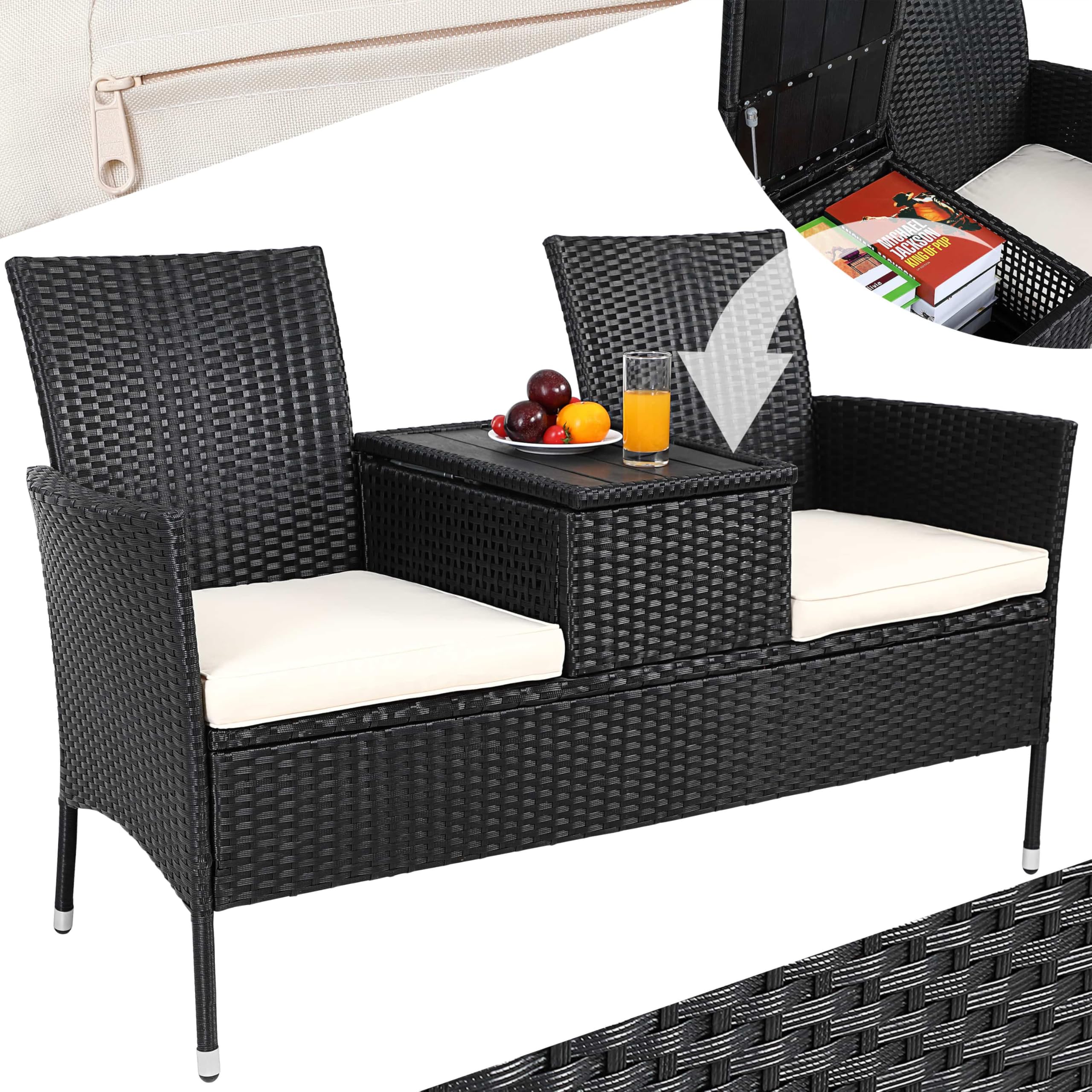 Casaria® Gartenbank Wetterfest UV-beständig Polyrattan Tisch Aufbewahrungsbox Auflagen 320kg Belastbarkeit Garten Balkon Möbel Bank 2-Sitzer Schwarz