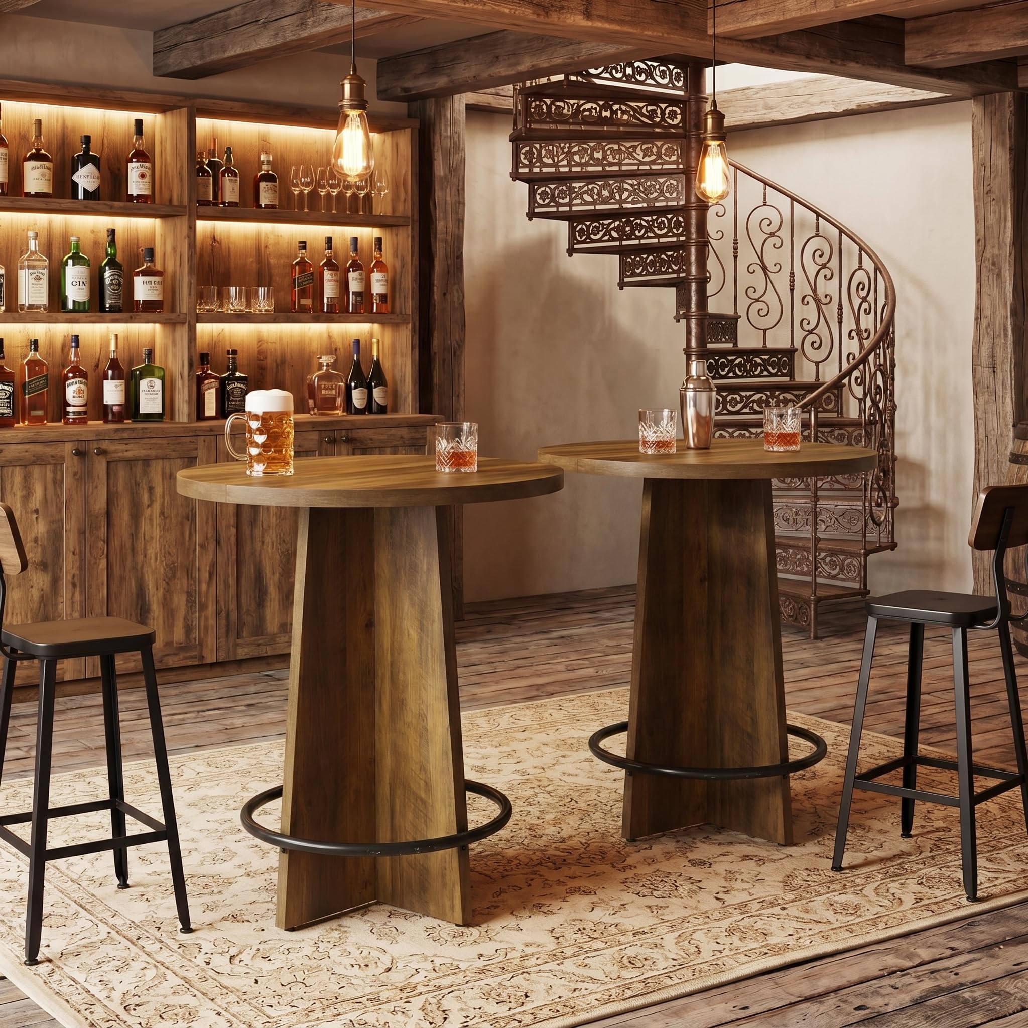 Tribesigns Tavolo rotondo da bar, alto 95 cm, in legno, Tavolino da Cocktail con base e poggiapiedi ad anello in metallo, per caffetteria, casa, piccoli spazi, marrone (solo tavolo)