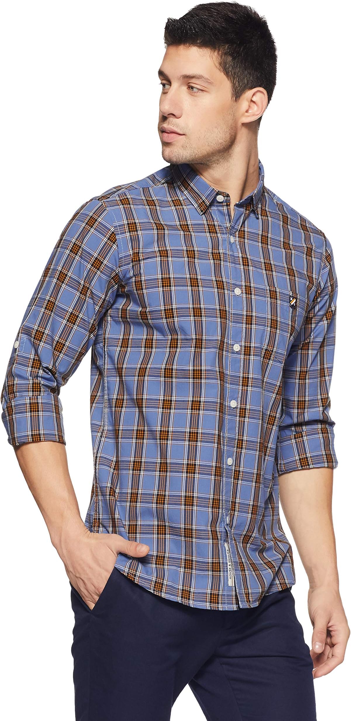 Men's Checkered Slim Fit Full Sleeve Cotton Casual Shirt (AW18-HSSH-03_A#4552_Blue_Large)