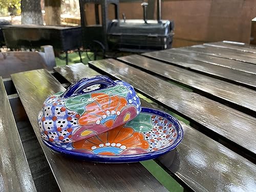 Miniatura 9 de Mantequillera Talavera de cerámica con tapa pintada a mano auténtica cerámica mexicana cocina diseño floral (azul)