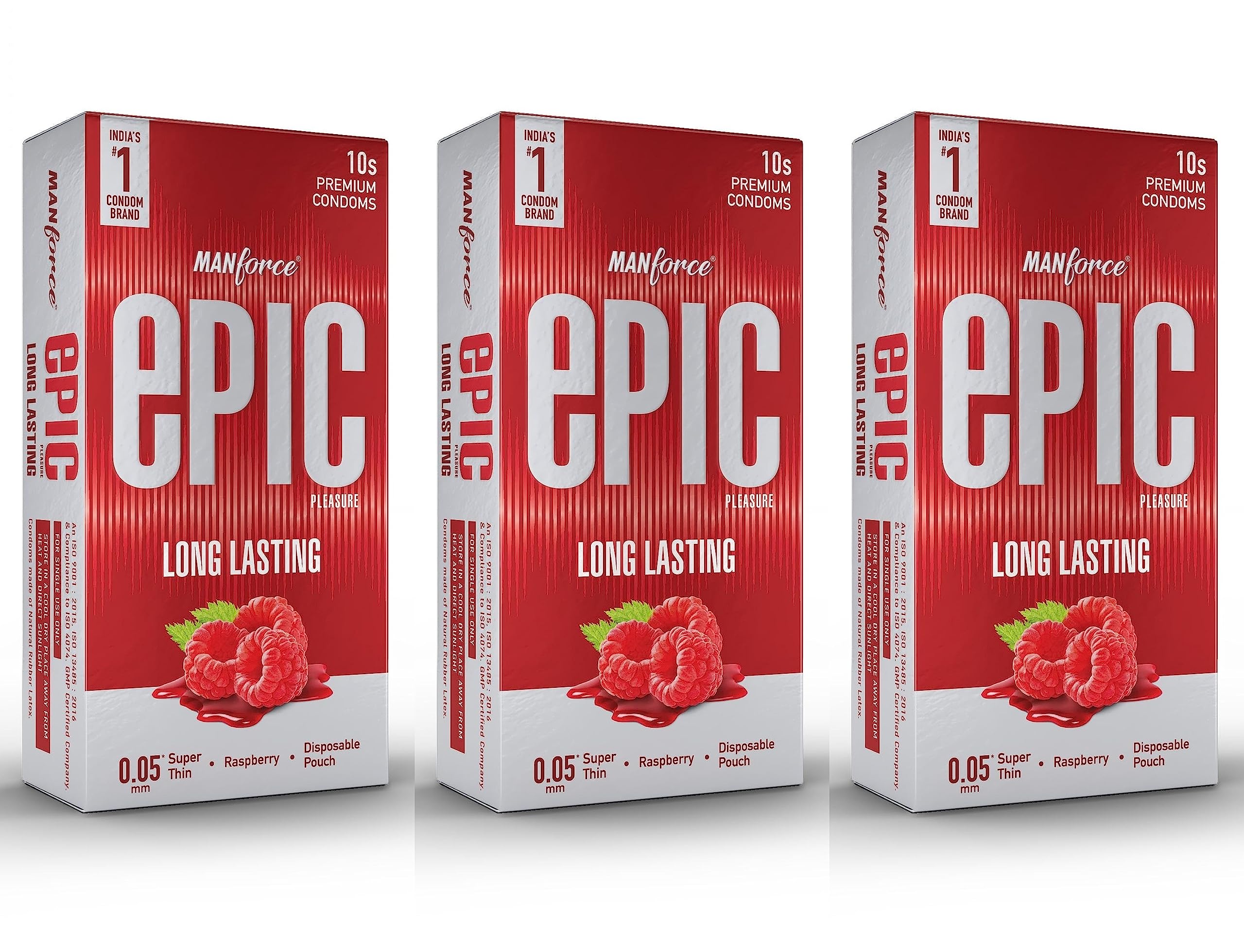 Manforce Epic Pleasure Long Lasting Premium Condoms for Men, Super Thin, Raspberry Flavour, Disposable Pouch (10 Counts) x Pack of 3-image-48