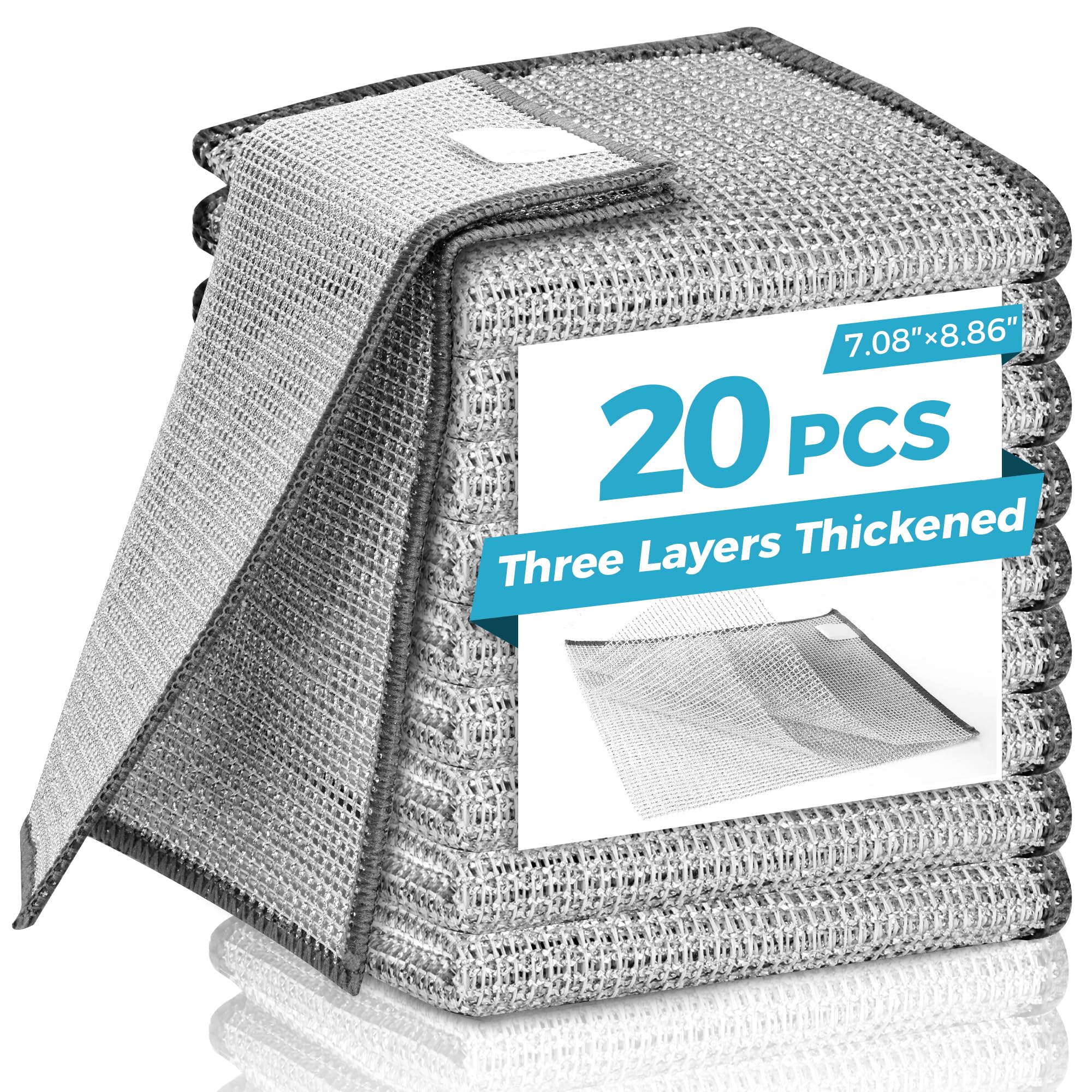 20 Pcs New Upgrade 3-Layer Metal Dish Cloth, No Scratches and No Odor, Multipurpose Wire Dishwashing Rag for Wet and Dry, Kitchen Cleaning Dish Rags,