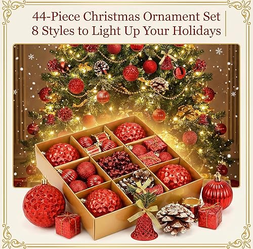Miniatura 2 de Juego de 44 adornos para árbol de Navidad, bolas de plástico inastillables para decoración navideña en 8 estilos y 2 tamaños, surtido de decoración