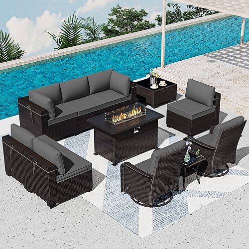 11 Pieces Patio Furniture Set with 2 Swivel Chairs Patio Furniture Outdoor Sectional Sofas with 55000 Gas Fire Pit Patio Conversation Set w/7 Cushions