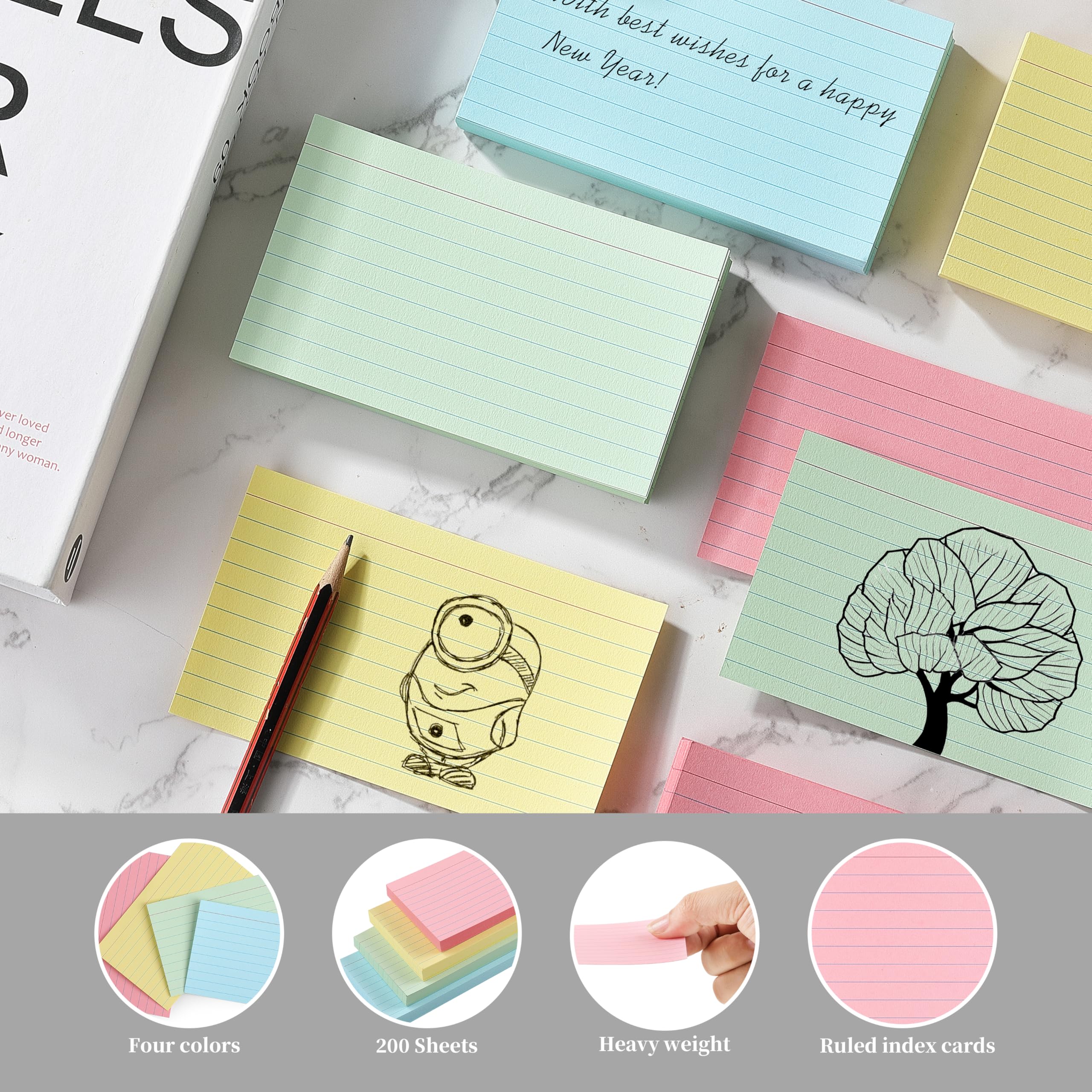 3x5 Note Cards Colored Index Cards 3x5 - 200 Ruled Flash Cards For ...