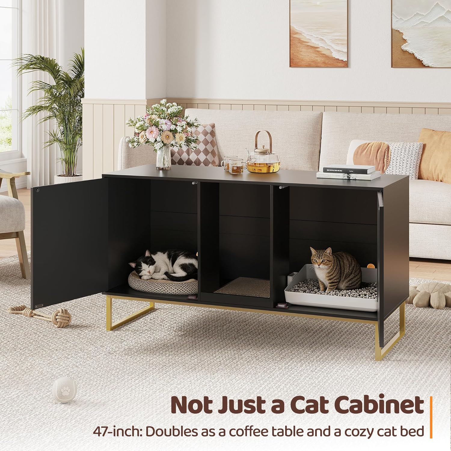 Kitty Litter Box Enclosure for 2 Cats, Small Hidden Cat Litter Box Furniture with Scratch Pad, Modern Fluted Double Litterbox Cabinet TV Stand for Kittens, Black