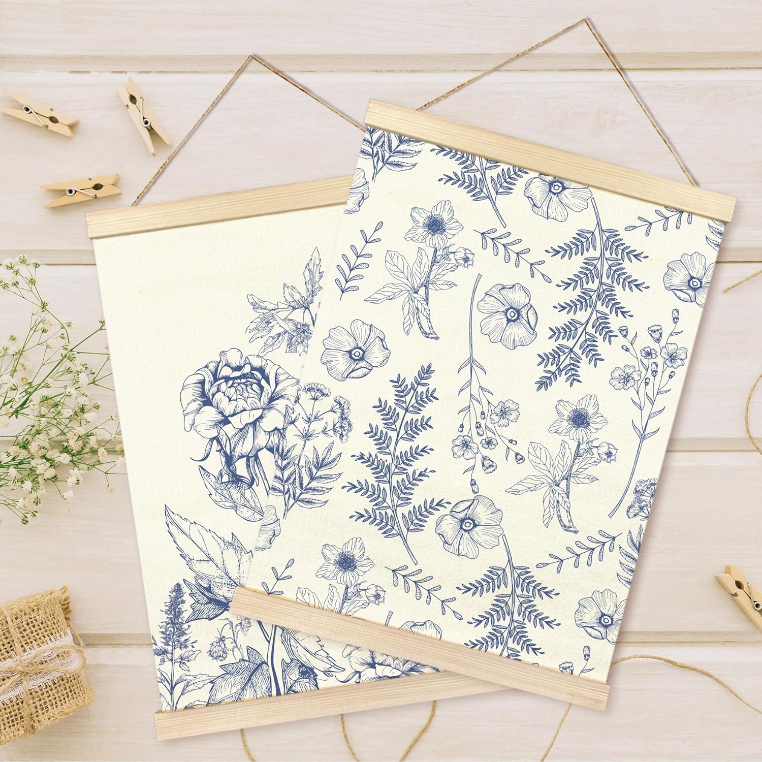 TAEDIN Blue Flowers Wall Art Poster Hanger Frame Set of 2 - Chinoiserie Flower Wall Art with Wood Frames, Navy Blue Botanical Nature Decor for Grandmillennial Home Bedroom, 12x16 Inches