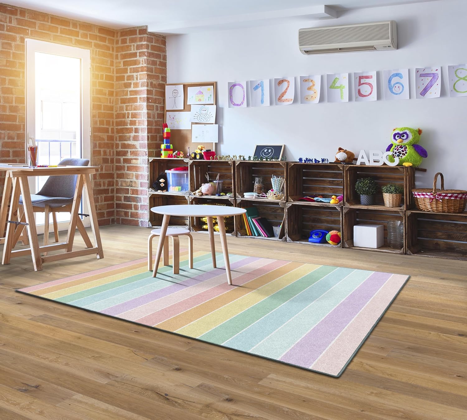Flagship Carpets Pastel Rainbow Stripe Educational Area Rug for Kids Room Seating Décor, Children's Classroom, Play Carpet for Teaching and Playroom, 5' x 7'6", Multi