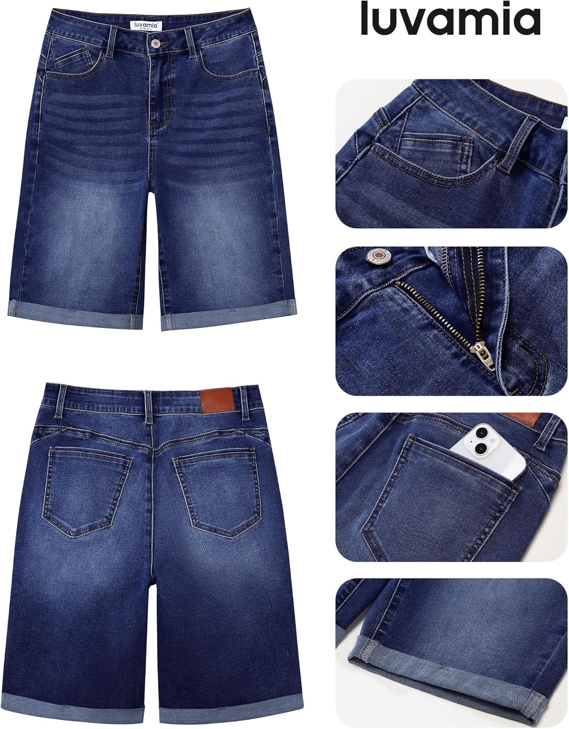 luvamia Bermuda Jean Shorts for Women Knee Length High Waisted Trendy Cuffed Hem Long Stretchy Denim Shorts Summer Jorts - Image 5