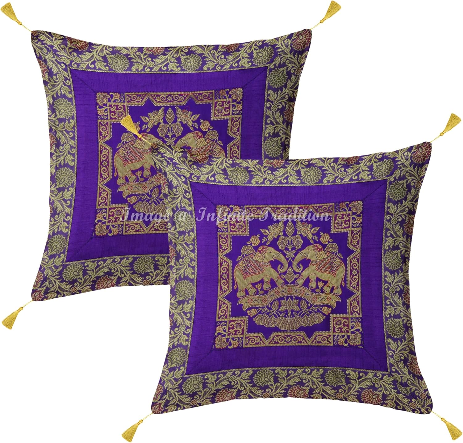 Indian Brocade Indoor Throw Pillow Cover Silk 18x18 Set of 2 Purple Gold Jacquard Weave Home Decor Elephant Pattern with Jacquard Tassels Square Cushion Covers