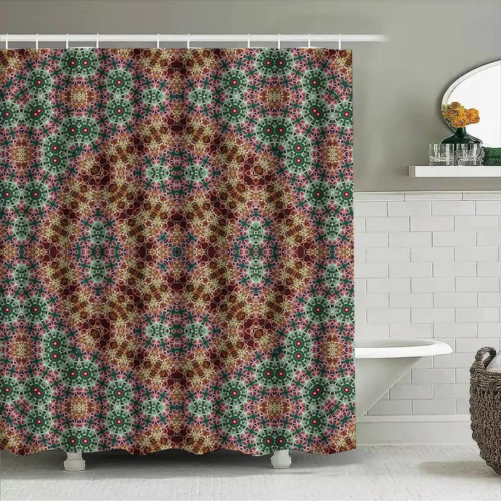 Rideau de Douche kaléidoscope Rouge, Vert et Jaune, Motif Floral Unique, décoration d'intérieur, Salle de Bain, Tissu imperméable, 280 x 200 cm (110 x 79 Pouces)