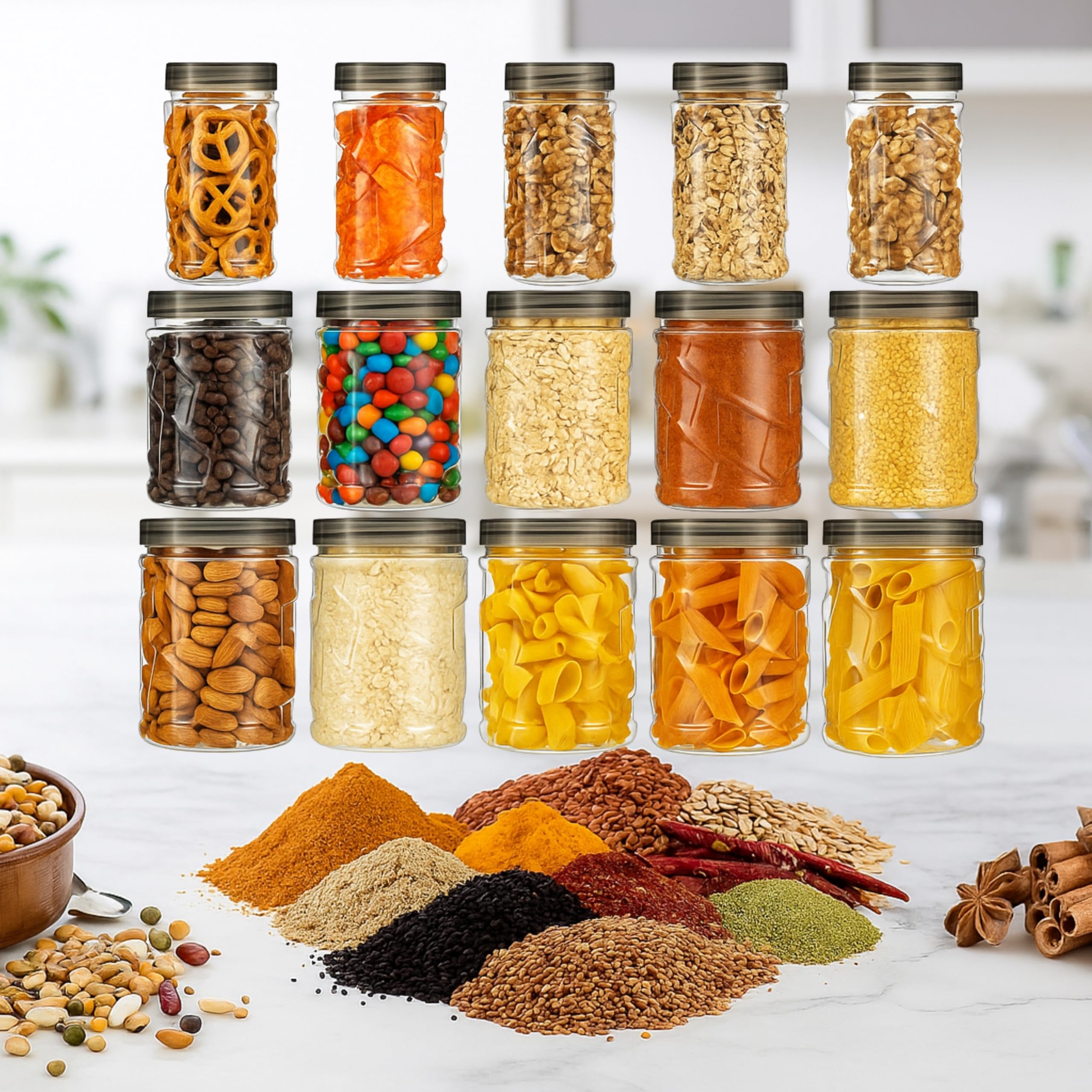 Amazon Brand - Solimo 18-Piece Airtight Food Storage Container Set | Stackable BPA-Free Plastic Jars with Black Caps (280ml, 500ml, 1000ml) for Kitchen Organizer
