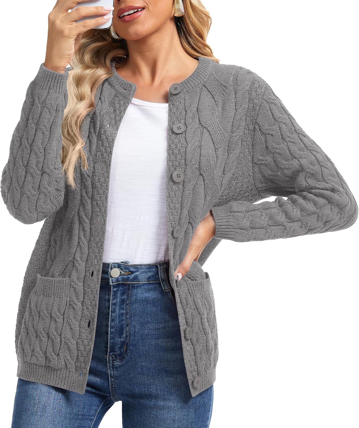 VIISHOW Women Cable Knit Cardigan Sweater Crew Neck Button up Cardigan with Pocket Sweater Coat for Fall and Winter - Image 2