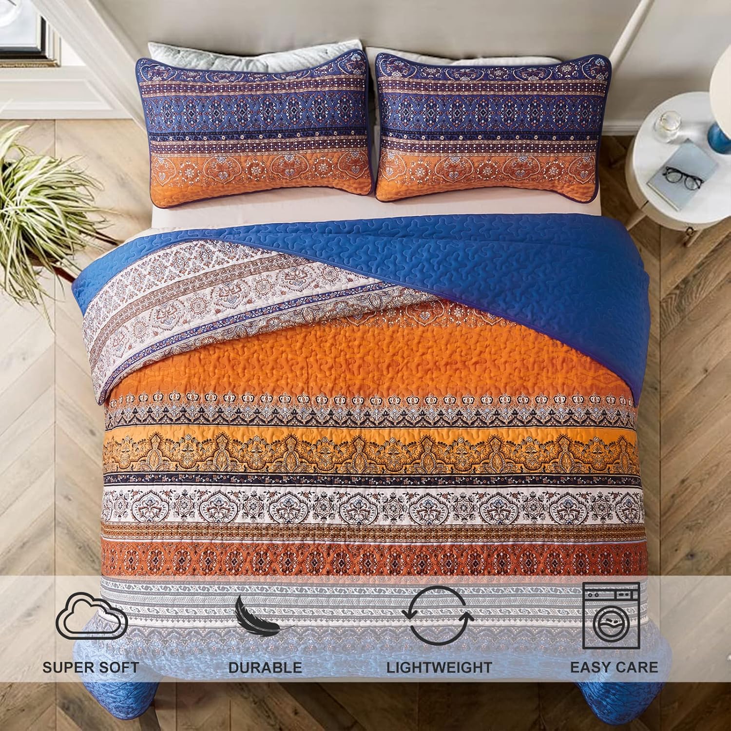 WONGS BEDDING Boho Fall Queen Quilt Set, Blue and Orange Bohemian Queen Quilt Bedding Set, Lightweight Microfiber Bed Decor Bedspread for All Season 96"x90"(3 Pieces) - Image 3