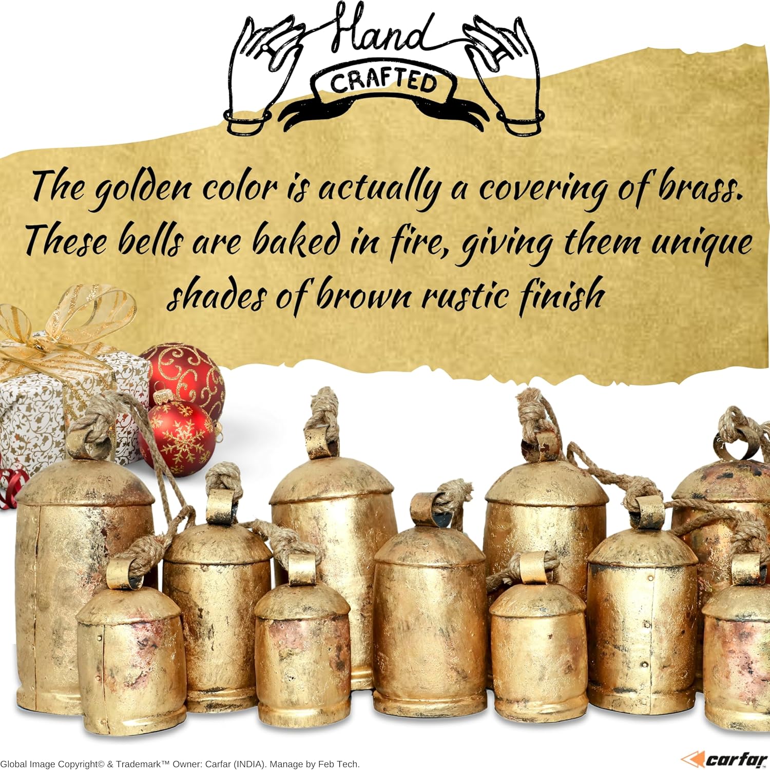 Shabby Chic Country Rustic Vintage Style Handmade Christmas Jingle Harmony Cow Bells on Metal Hanging Rod Complete Set (X-Large 45" 22" 8")