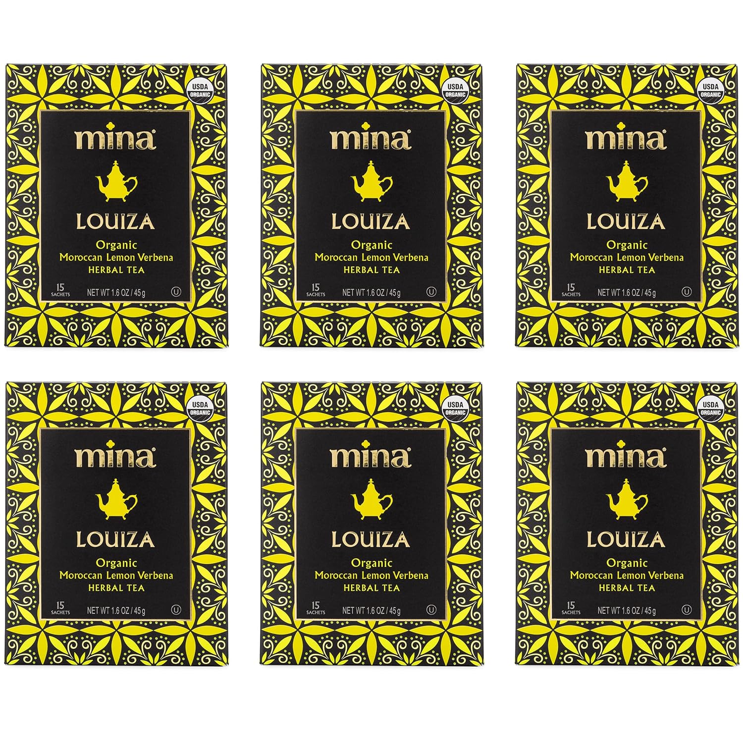 Mina Louiza Organic Moroccan Lemon Verbena Herbal Tea, Caffeine Free, Kosher, USDA Certified Organic, 15 Tea Bags (Pack of 6)