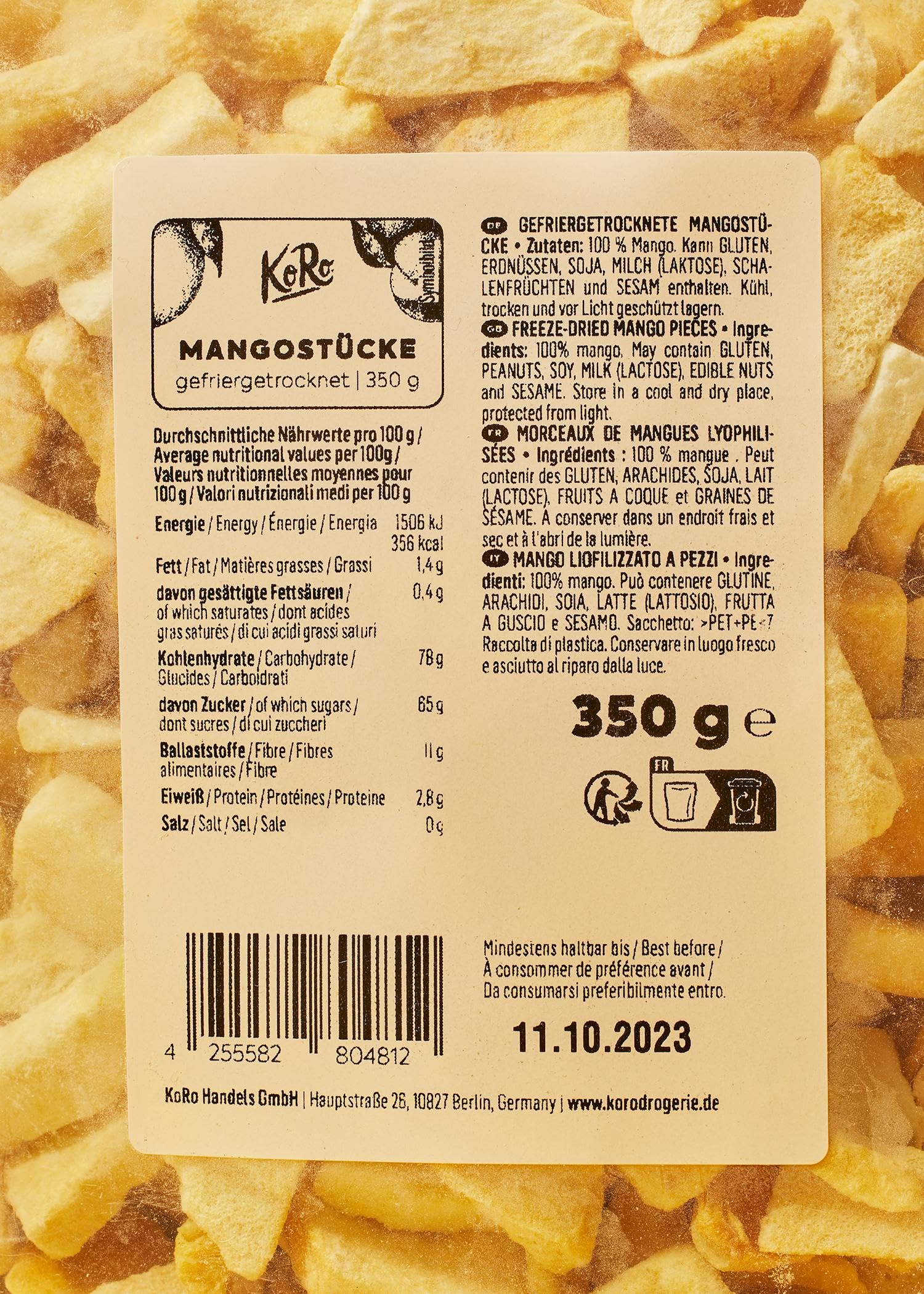 KoRo - Mango a pezzi liofilizzato 350 g - 100 % frutta - Nel muesli, nello yogurt o come snack - Freschezza croccante - Frutta per tutto l'anno - Senza zuccheri aggiunti*