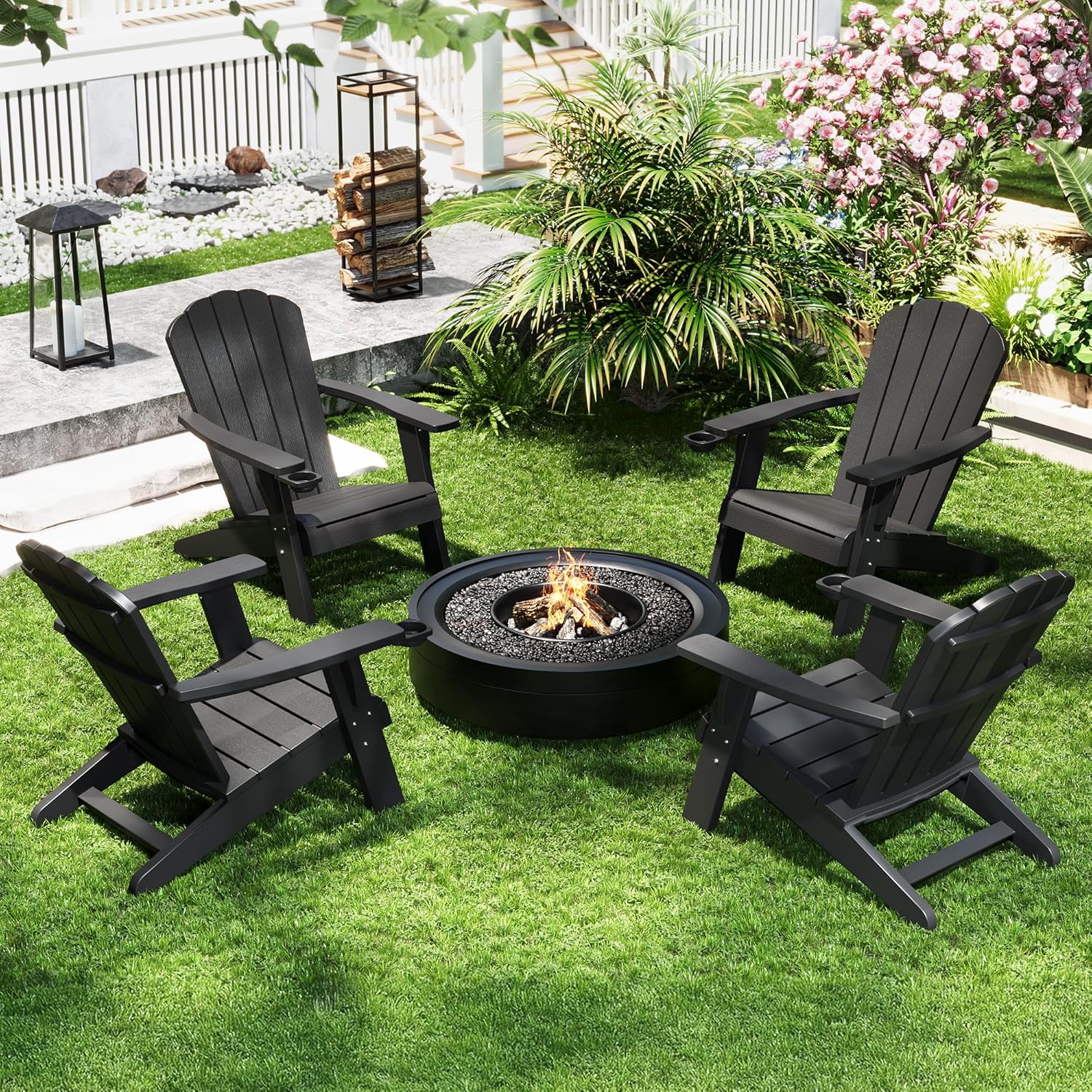 NUNU LAB Adirondack Chairs Set of 4,Plastic Adirondack Chair with Cup Holder,Weather Resistant Patio Chairs, HDPE Outdoor Adirondack Lawn Chairs for Poolside Backyard Lawn Patio Fire Pit