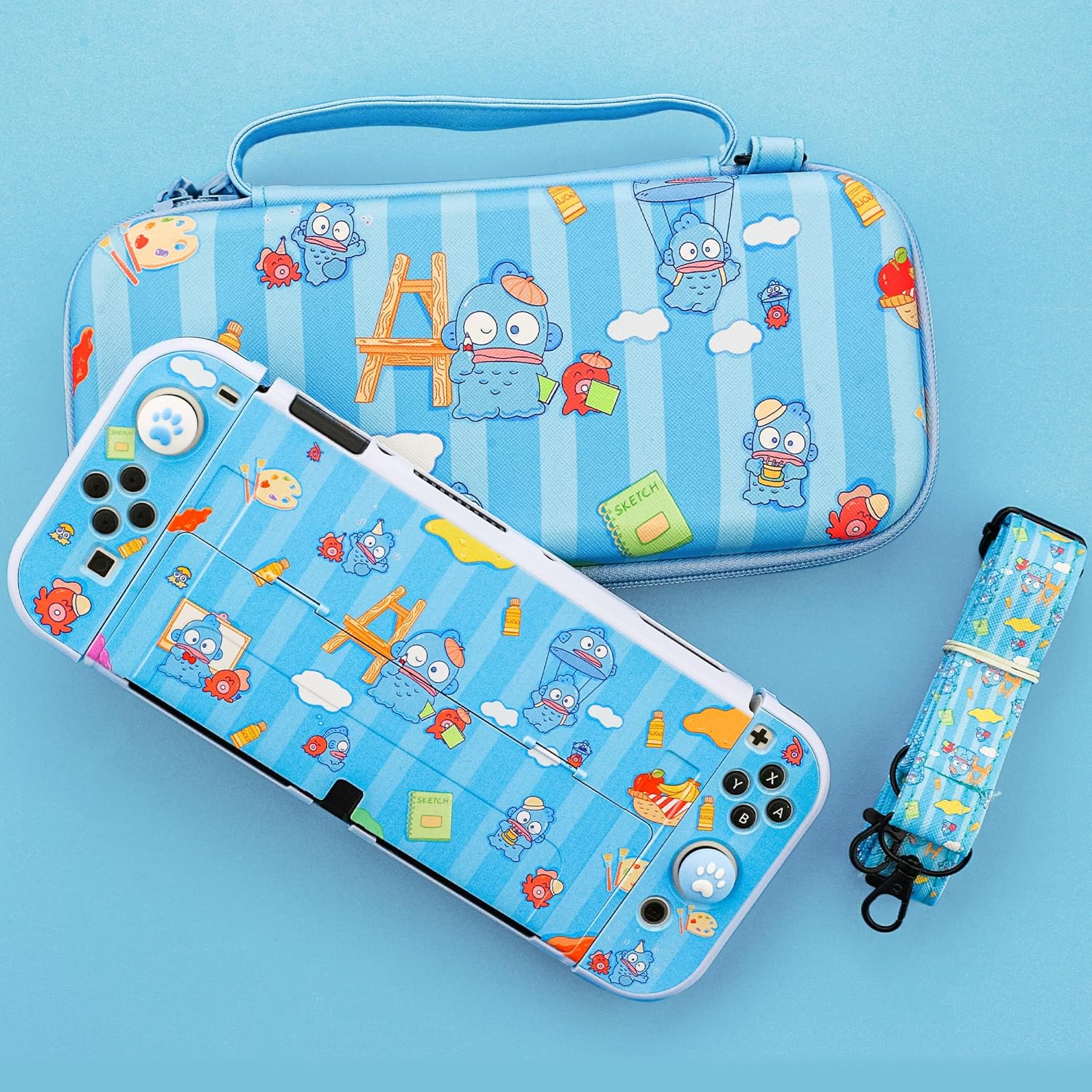 HYPERCASE for Nintendo Switch OLED Carrying Case Blue Mermaid Acessories Bundle Kit, with Hard Switch OLED Console Protective Cover Skin, HD Screen Protector, Shoulder Strap & 2 Cute Thumb Caps