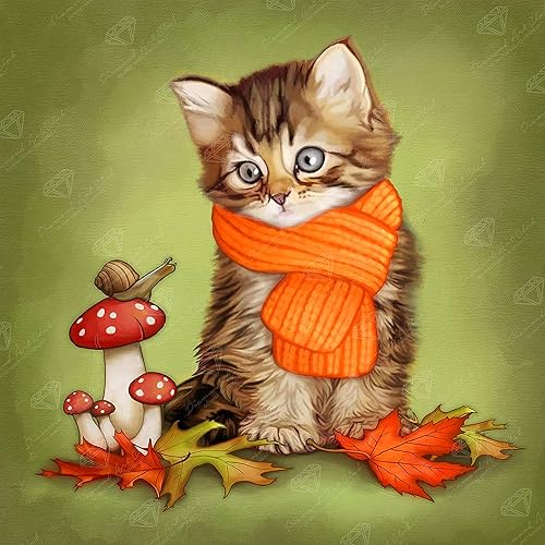 DIAMOND ART CLUB Making Friends - Kit de pintura de diamantes de gatito, lienzo de diamantes de animales, arte redondo de diamantes 5D para adultos