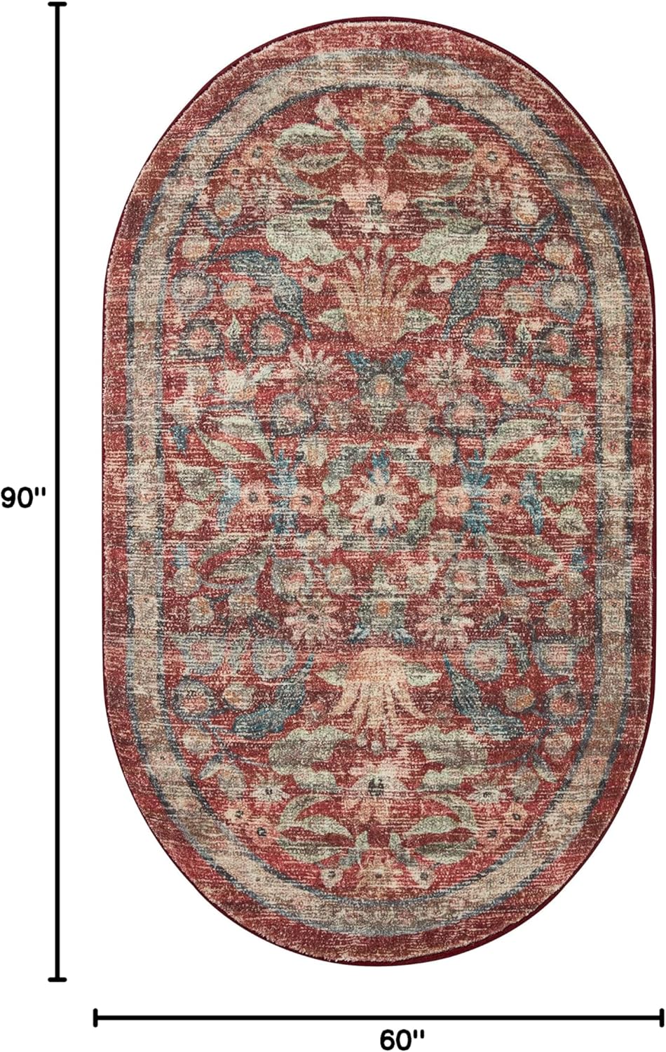 Crimson and Blue Floral Synthetic 5' x 7' Area Rug