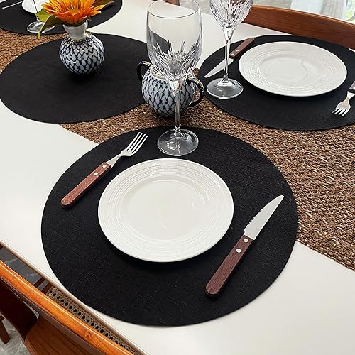 Miniatura 6 de SLOW COW Juego de 4 manteles individuales redondos de lino para mesa de comedor, manteles individuales de 15 pulgadas, lavables, color negro