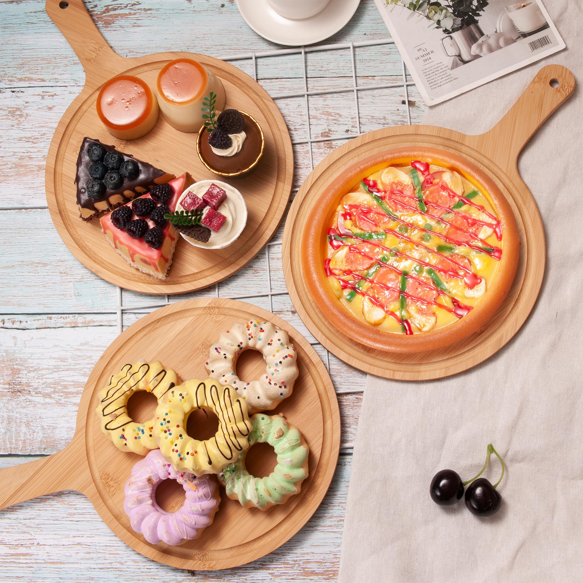 WILLOWDALE Holzschneidebretter für die Küche, 25,4 cm, rund, Charcuterie-Bretter, Servierbrett für Pizza, Käse, Dessert, Holz-Schneidebrett mit Griff, Obst, Gemüse, Bambus, Schneidebrett-Set, 10 Stück