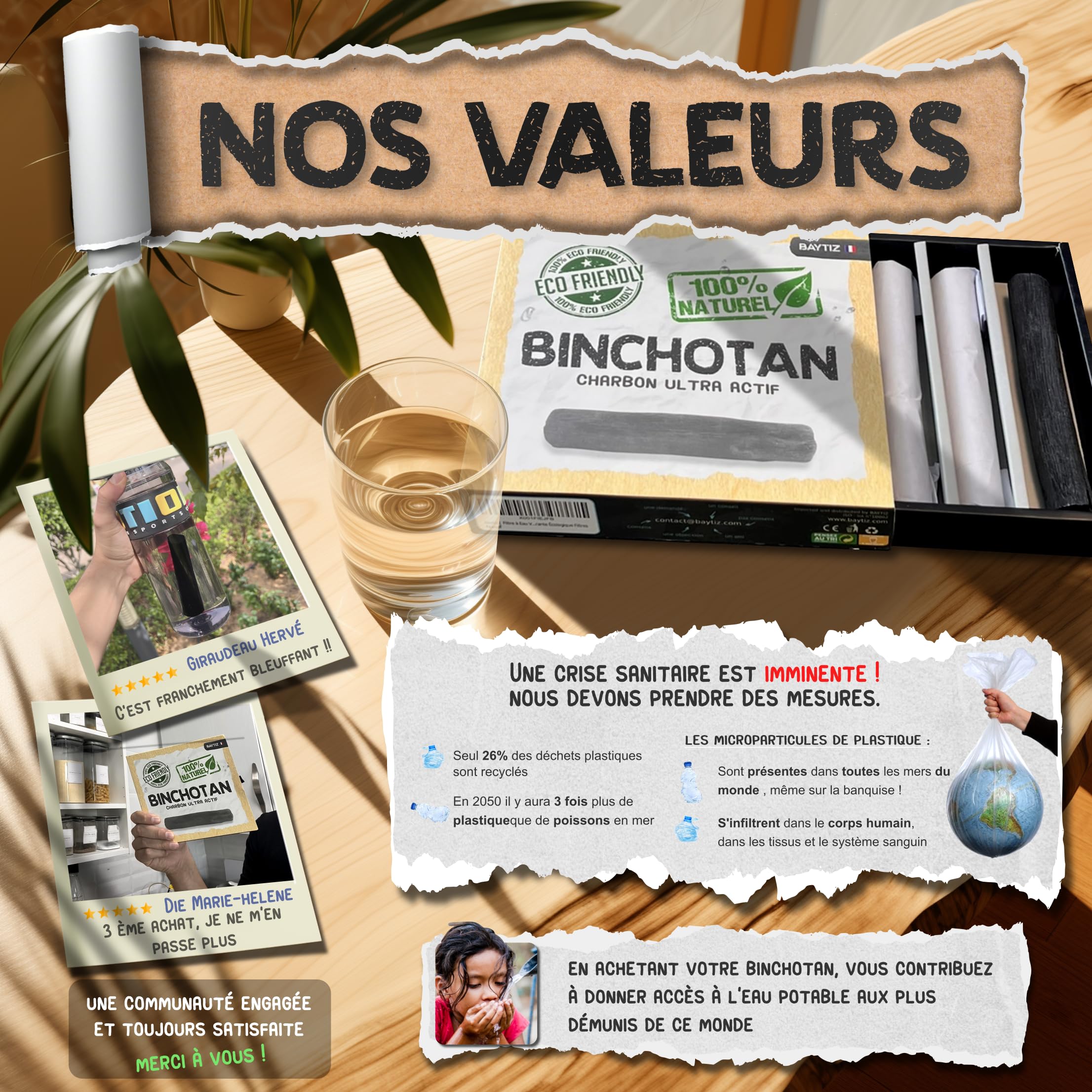 BAYTIZ ® Filtre à Eau Végétal au Charbon Actif - Baton de Binchotan Bio x5 - Purifier l' Eau du Robinet - en Bois Naturel - Carafe Bouteille - Vrai Purificateur Verre Filtrante Écologique Filtres