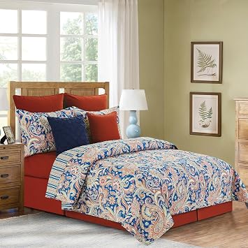 C&F Home Marla Paisley Stripes Damask King Quilt Set Machine Washable Reversible Cotton Quilt Set King 3 Piece Set Blue