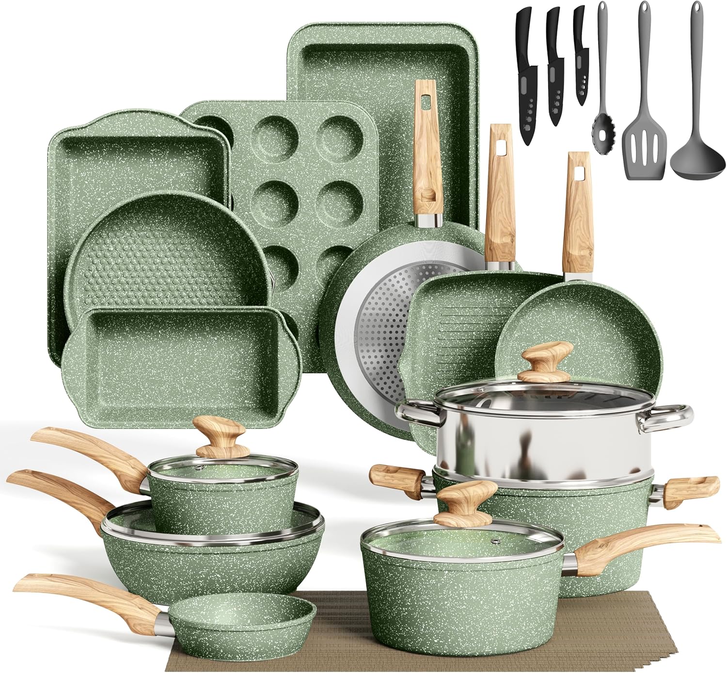 MAISON ARTS Pots and Pans Set Non Stick, 30 Piece Kitchen Cookware & Bakeware Sets with Granite Coating, Pots and Pans Sets for Cooking Nonstick, Green MAISON ARTS Pots and Pans Set Non Stick, 30 Piece Kitchen Cookware & Bakeware Sets with Granite Coating, Pots and Pans Sets for Cooking Nonstick, Green