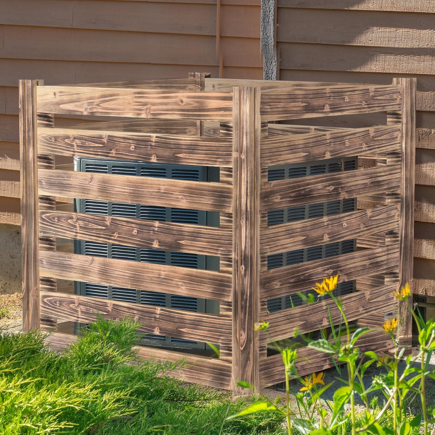 Air Conditioner Fence Wood Composter Bin 4 Panels 36″ L x 36″ W x 36 “H Privacy Fence Screens Panels, Pool Equipment Enclosure Outdoor Trash Can Enclosure, Burnt Brown Color