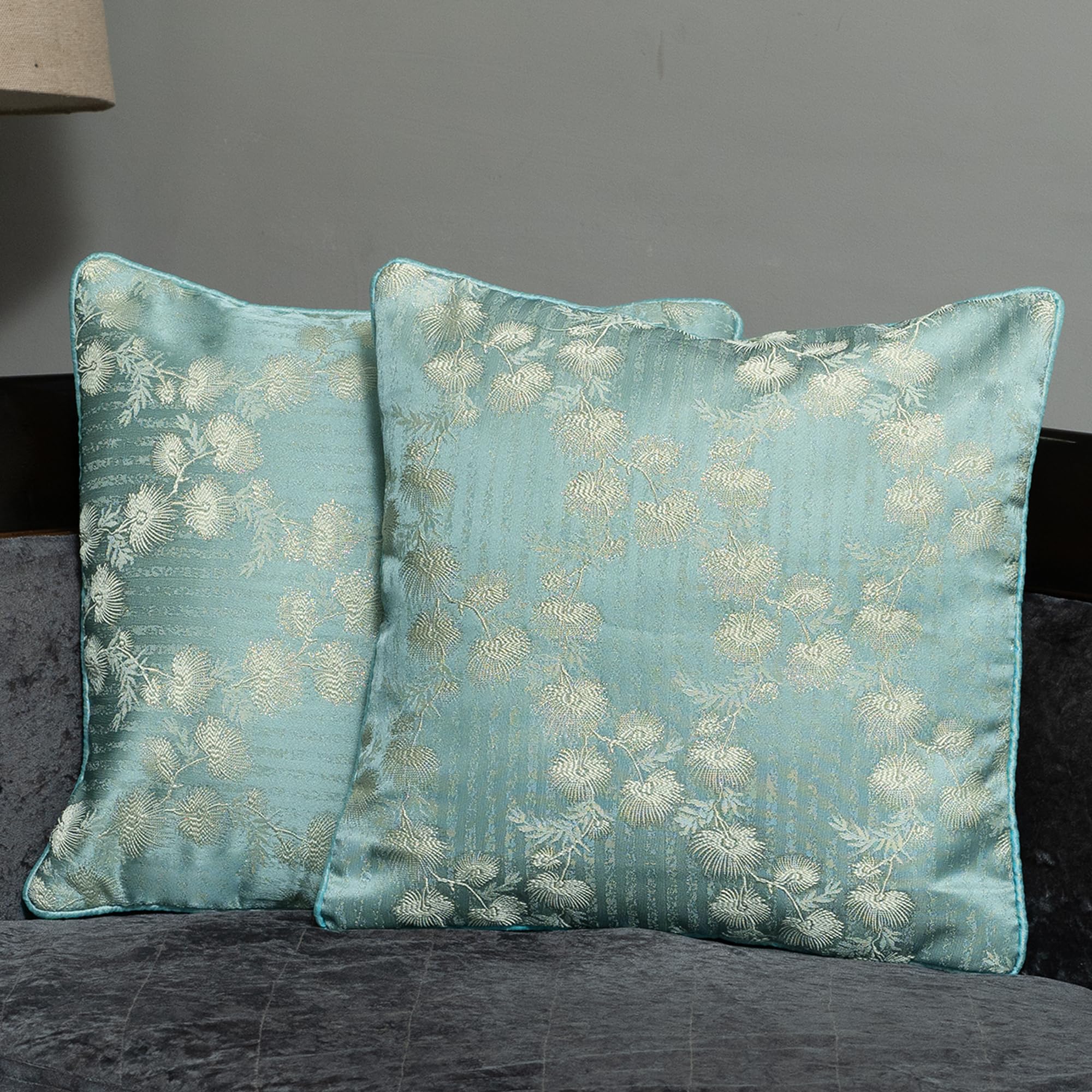 Luxury Jacquard Decorative Cushion Covers, with Silver Floral Pattern, Premium Fabric, 16x16 Inch, Set of 2 Pieces (Ferozi)