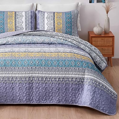 Vista 99 de WONGS BEDDING Juego de edredón bohemio tamaño Queen Aqua, juego de colcha de 3 piezas a rayas, de microfibra ligera y suave bohemia para todas