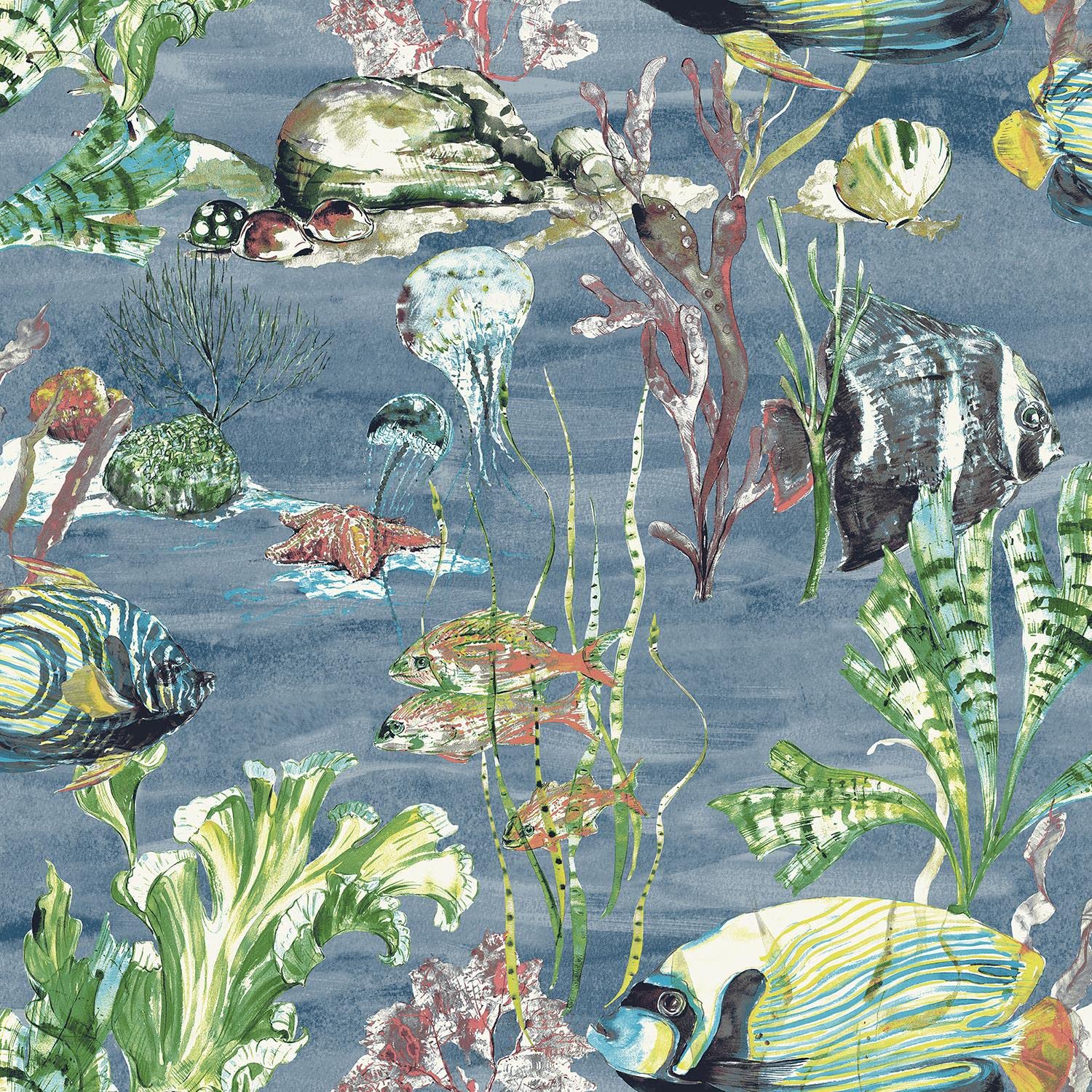 Yöl Blue Aquarium Wallpaper Grandeco Watercolour Fish Jellyfish Sea Life Creatures