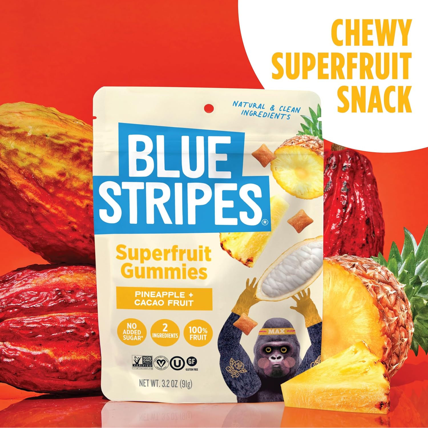 Blue Stripes Cacao Superfruit Gummies - Vegan Chewy Fruity Snack, No Sugar Added 100% Fruit Gummy, 9 Essential Vitamins & Minerals, Natural Tropical Superfood - Pineapple & Cacao Fruit, 3.2oz