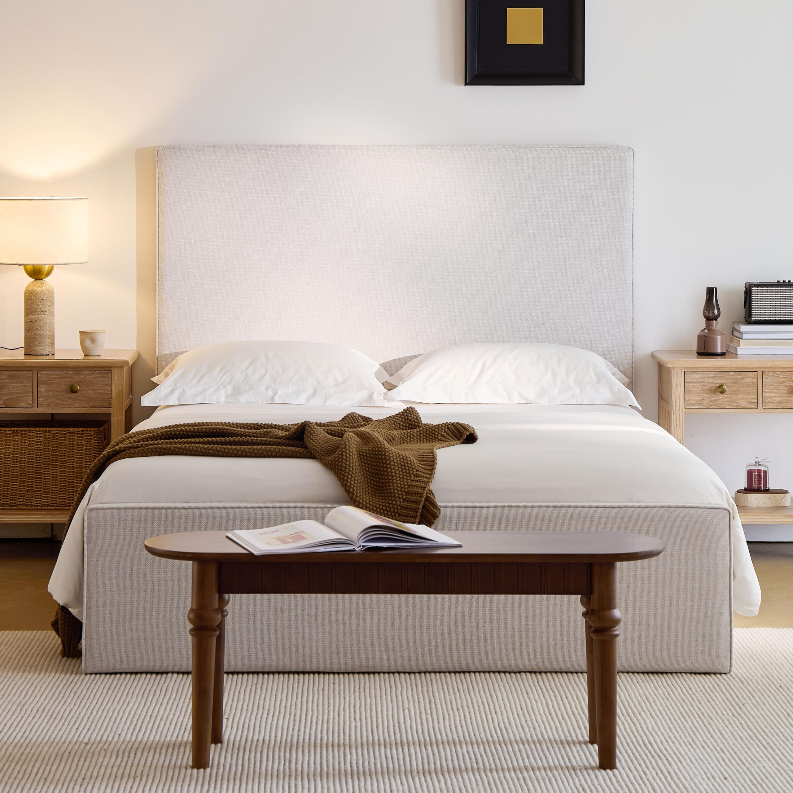 king size upholstered bed frame, 52" high headboard bedframes, lucas tall headboard floor platform beds, no box spring needed/no noise/minimalist, textured lvory canvas chenille