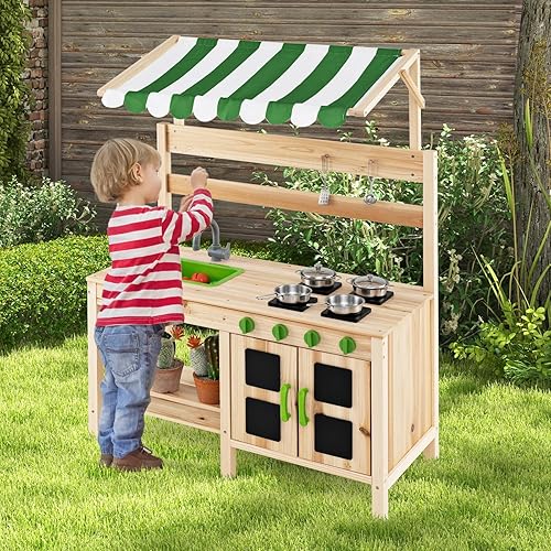 Miniatura 2 de INFANS Cocina de barro, cocina de juego al aire libre con grifo de toldo, estufas, accesorios de cocina, fregadero extraíble, juego de cocina para