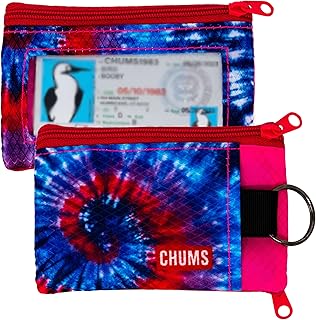 Surfshorts Wallet - Lightweight Zippered Minimalist Wallet with Clear ID Window - Water Resistant with Key Ring (Red/Blue Swirl)