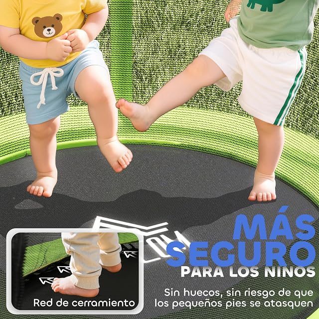 Foto 4 de 8 de HOMCOM Cama Elástica Infantil con Red 3-6 Años Ø140x190 cm Verde